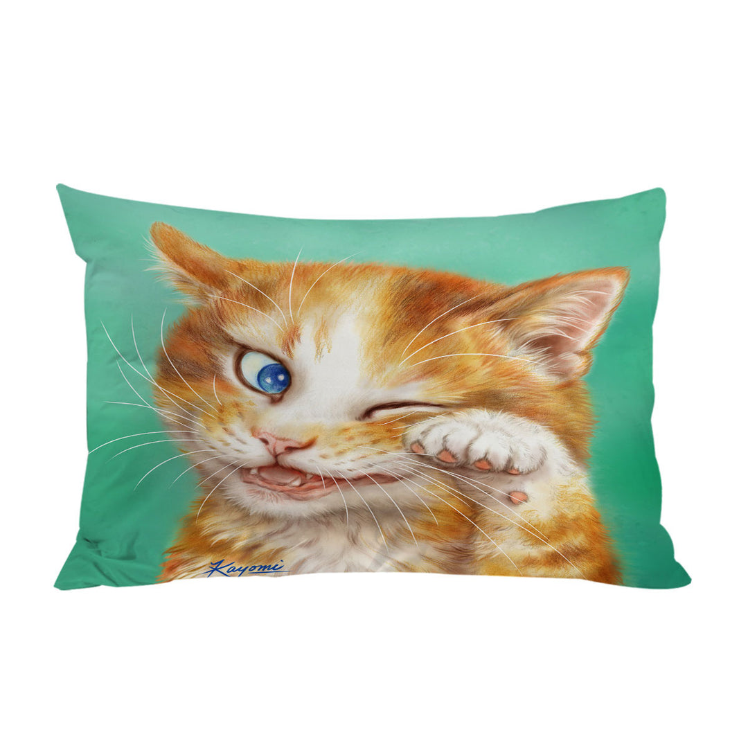 Paintings of Cute Ginger Cat over Green Pillow Case Covers