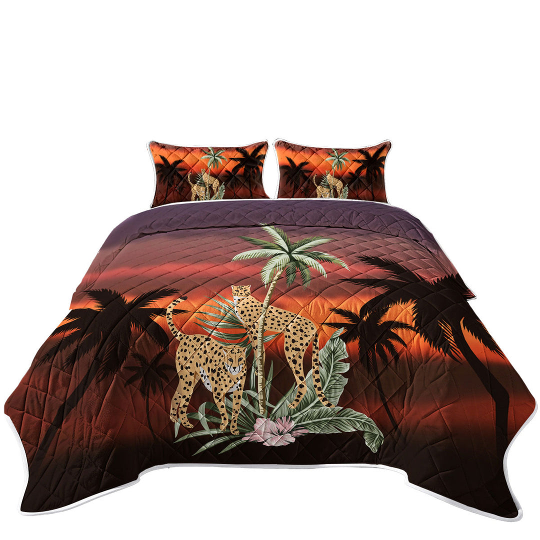 Palm Trees Sunset and Cheetahs King Quilt