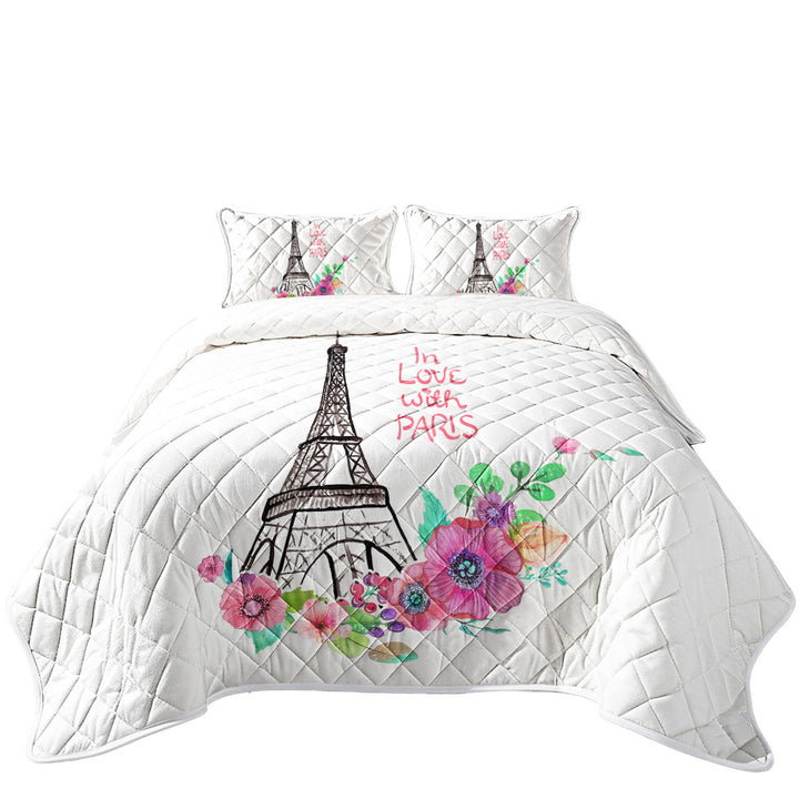 Paris Eiffel Tower Drawing and Flowers California King Quilt Sets