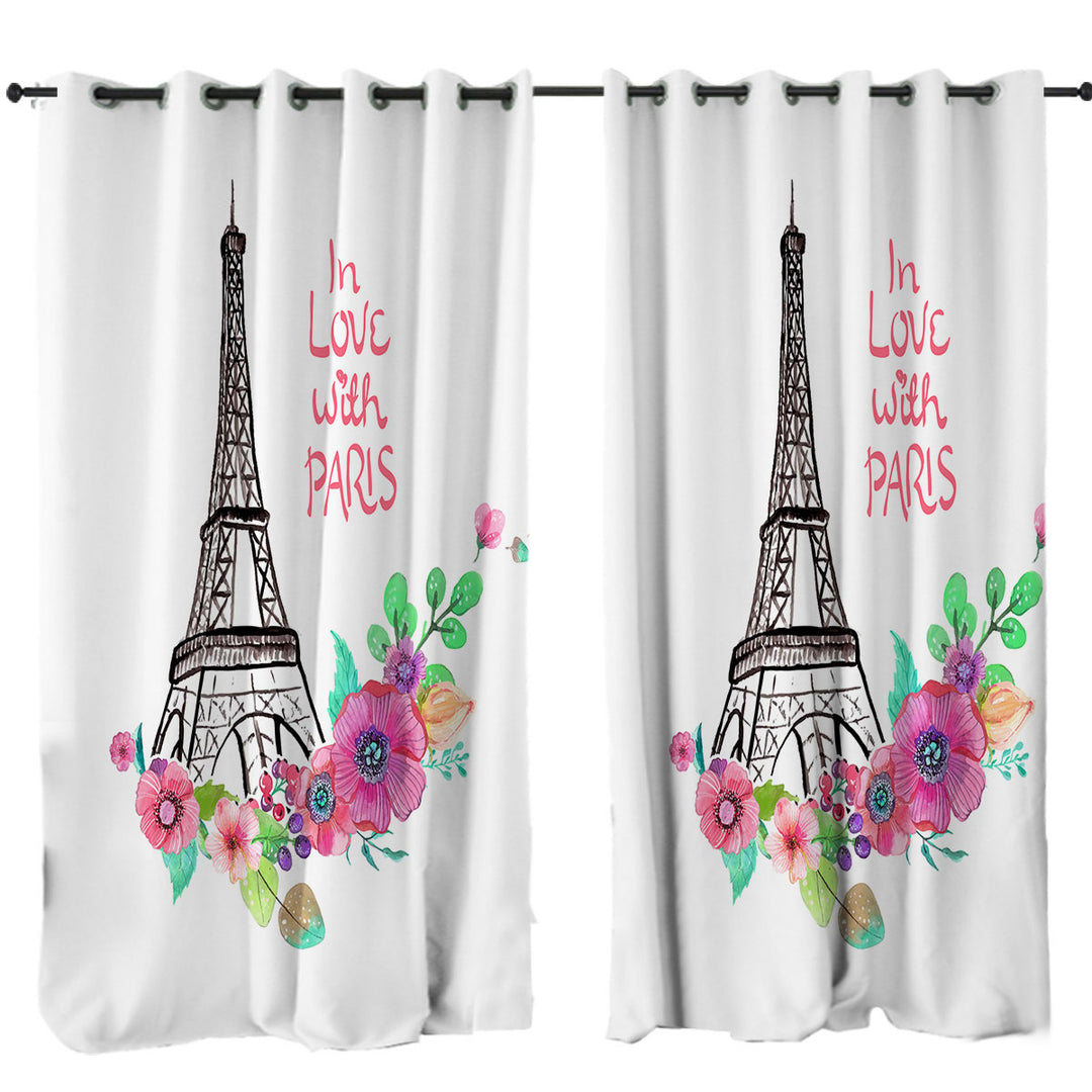 Paris Eiffel Tower Drawing and Flowers Custom Curtains