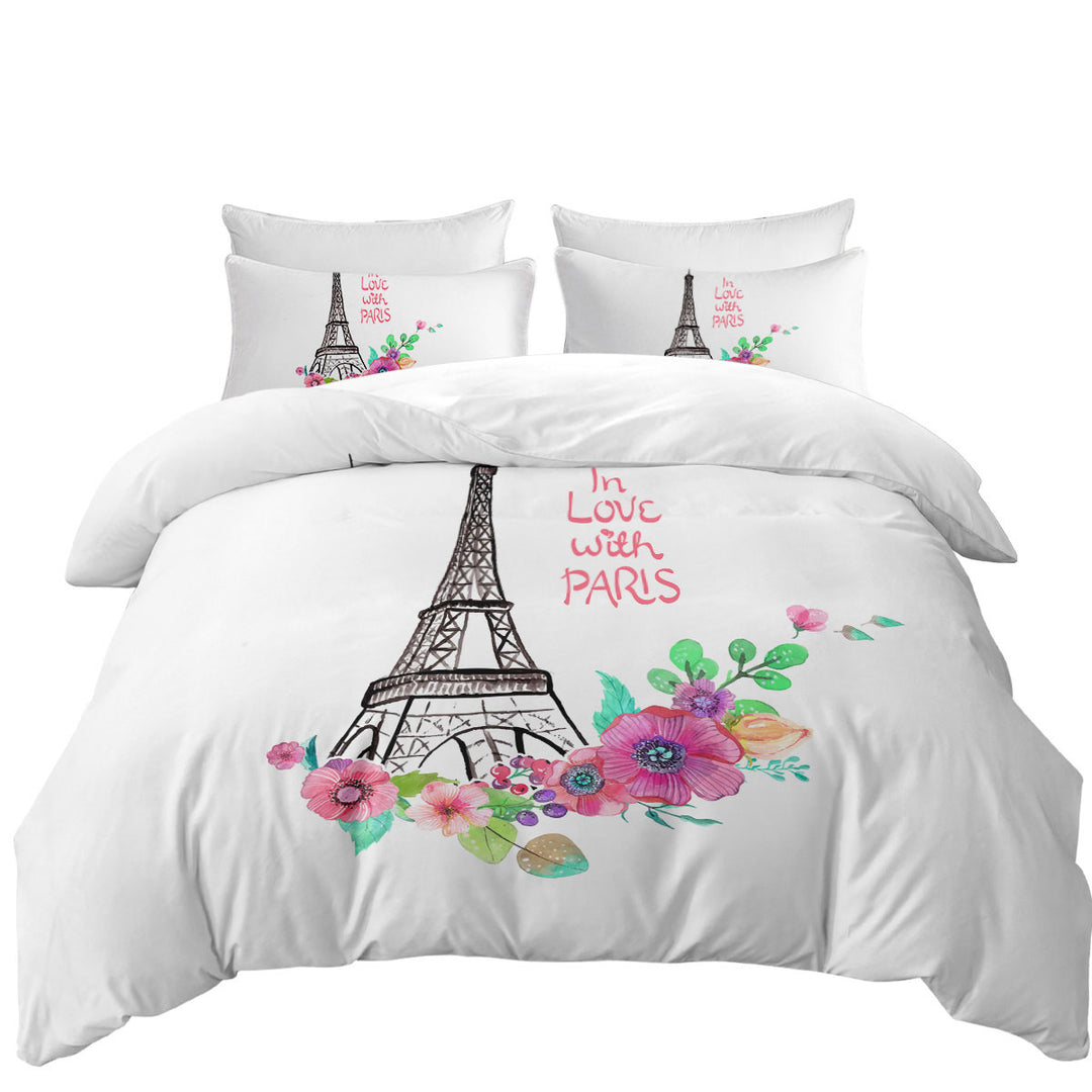 Paris Eiffel Tower Drawing and Flowers King Duvet Cover set