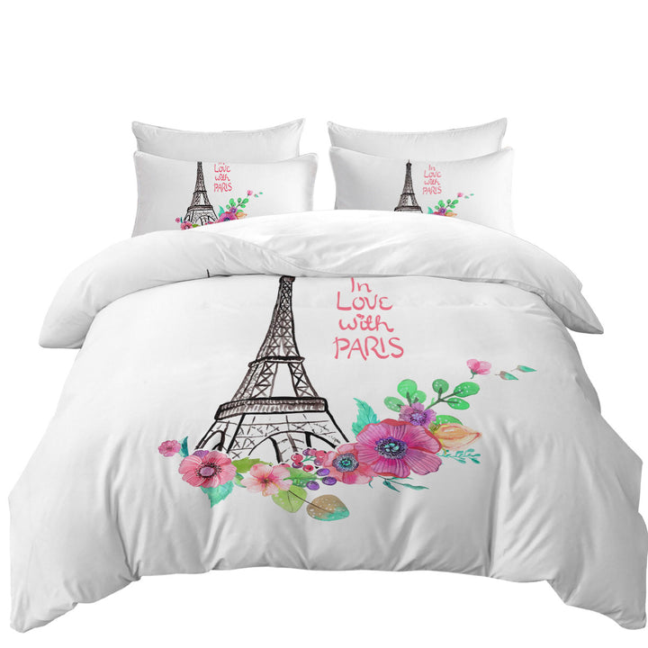 Paris Eiffel Tower Drawing and Flowers King Duvet Cover set
