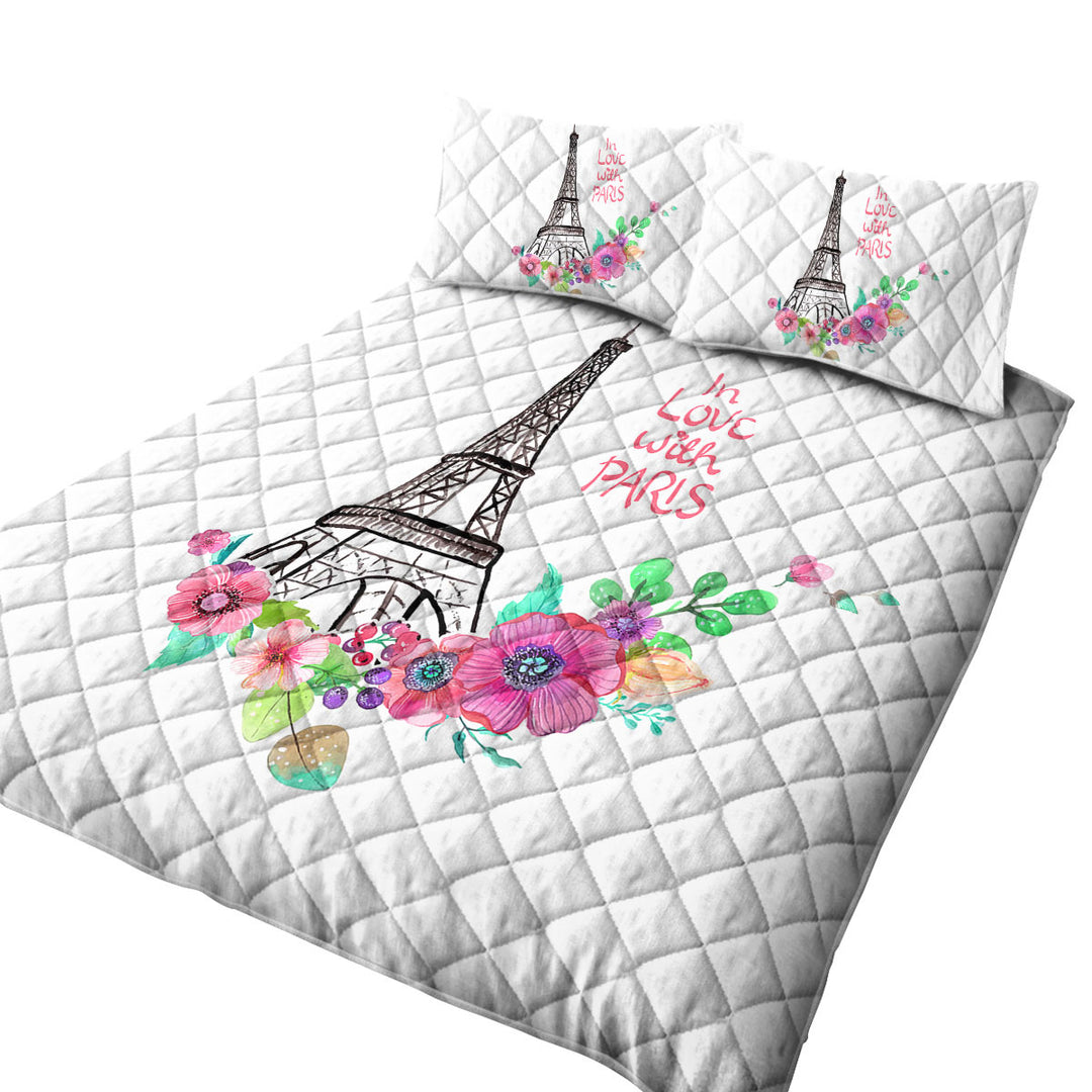 Paris Eiffel Tower Drawing and Flowers King Size Quilt Sets