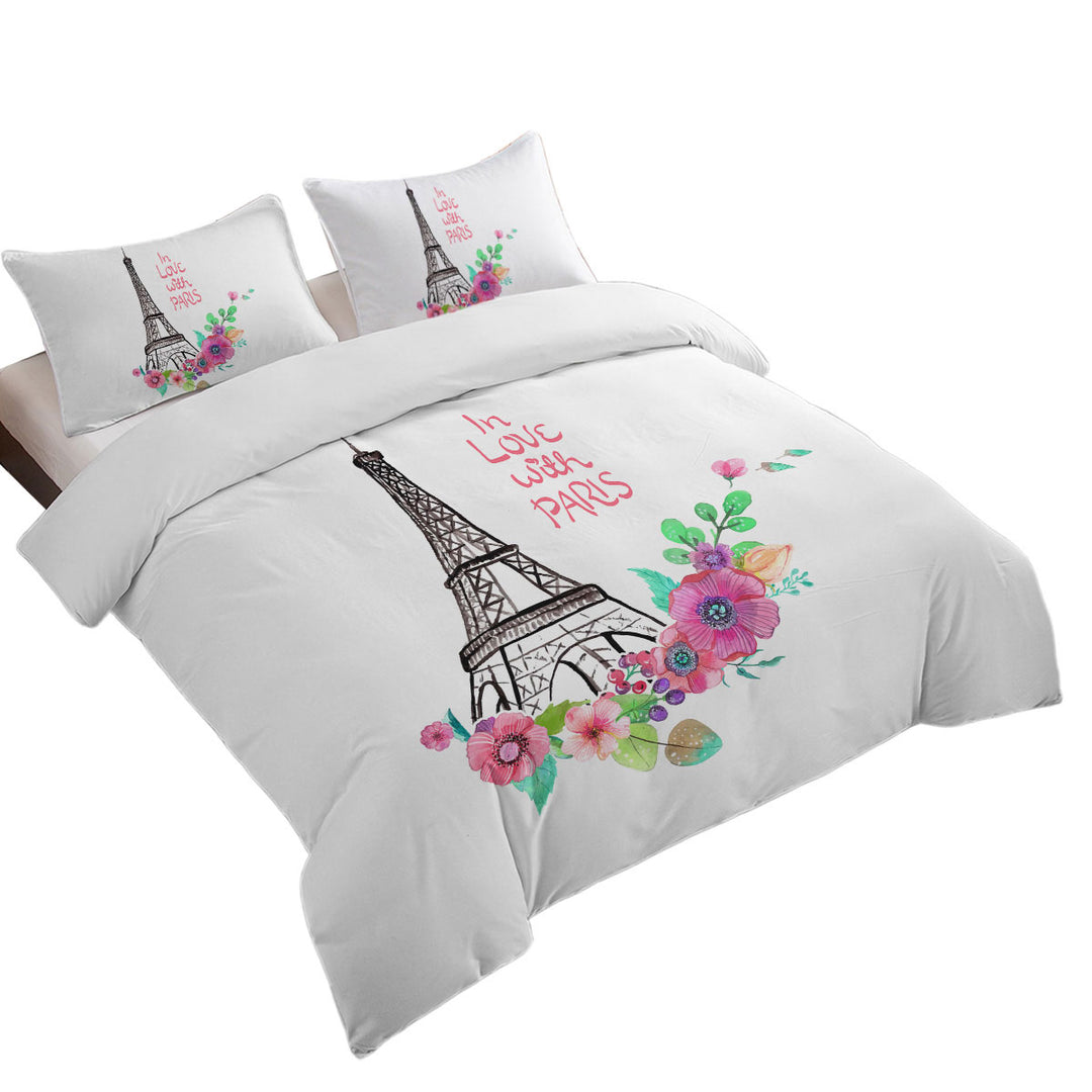 Paris Eiffel Tower Drawing and Flowers full Size Duvet Cover