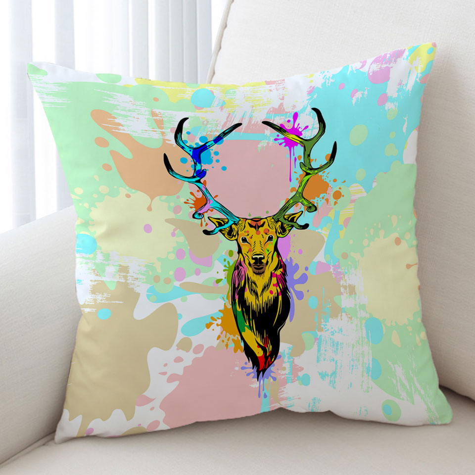 Pastel Paint Splashes Deer Cushion