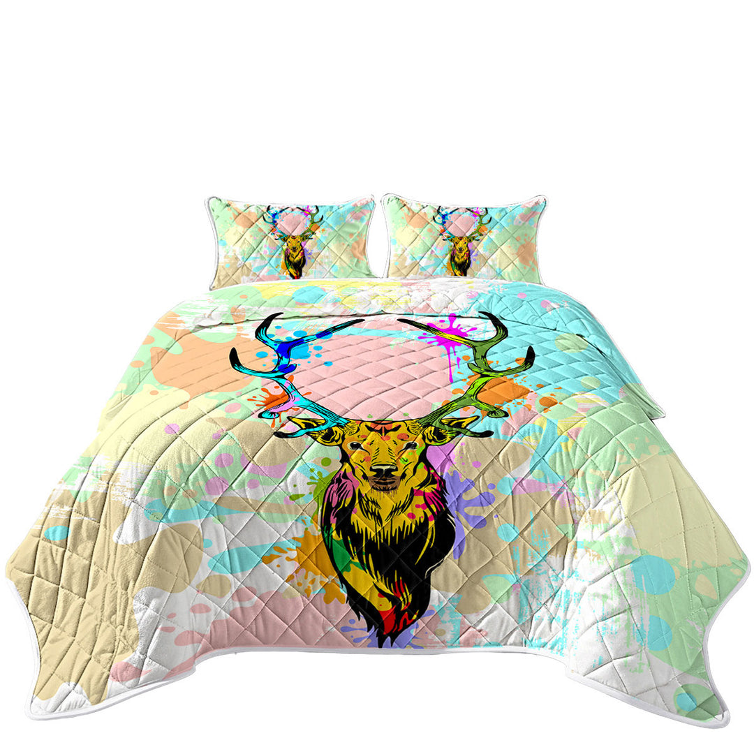Pastel Paint Splashes Deer Quilts for Beds