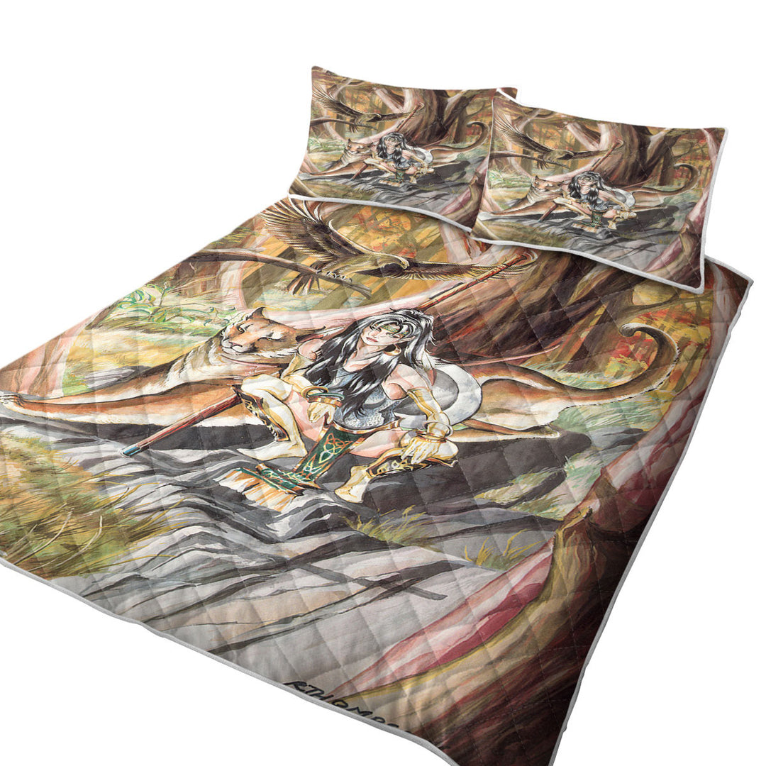 Paths of Autumn Woman Warrior and Puma Coverlets