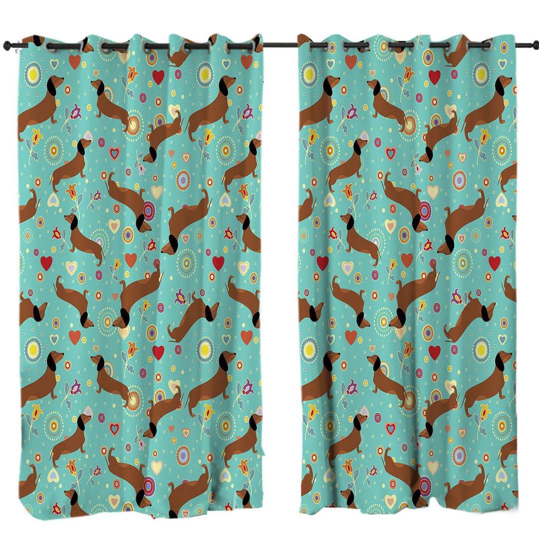 Pattern of Heart Flower and Dachshund Curtain