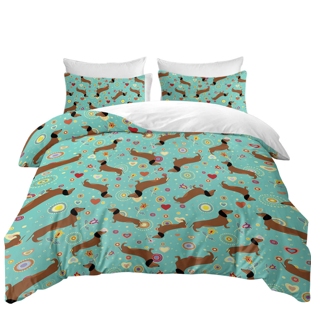Pattern of Heart Flower and Dachshund King Quilt Cover