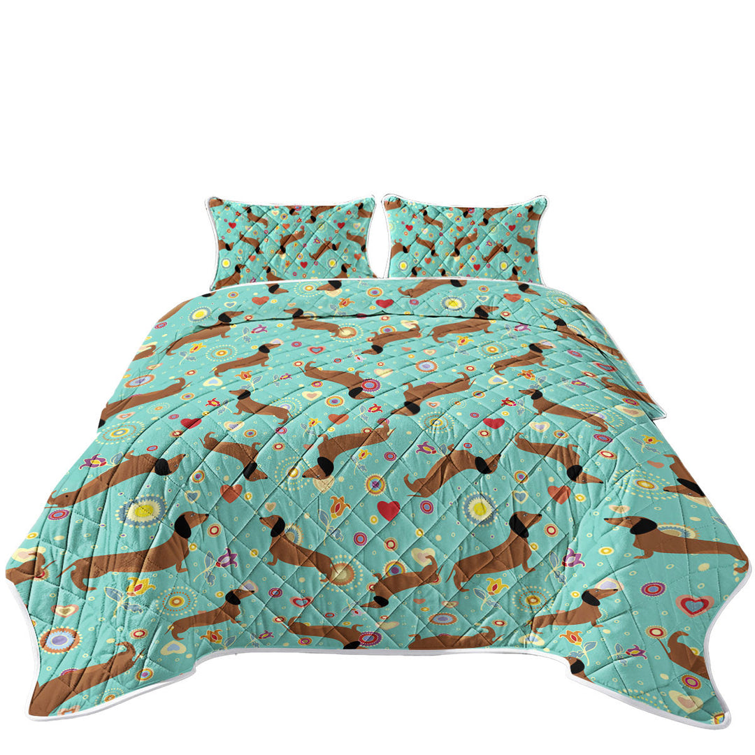 Pattern of Heart Flower and Dachshund King Size Quilt