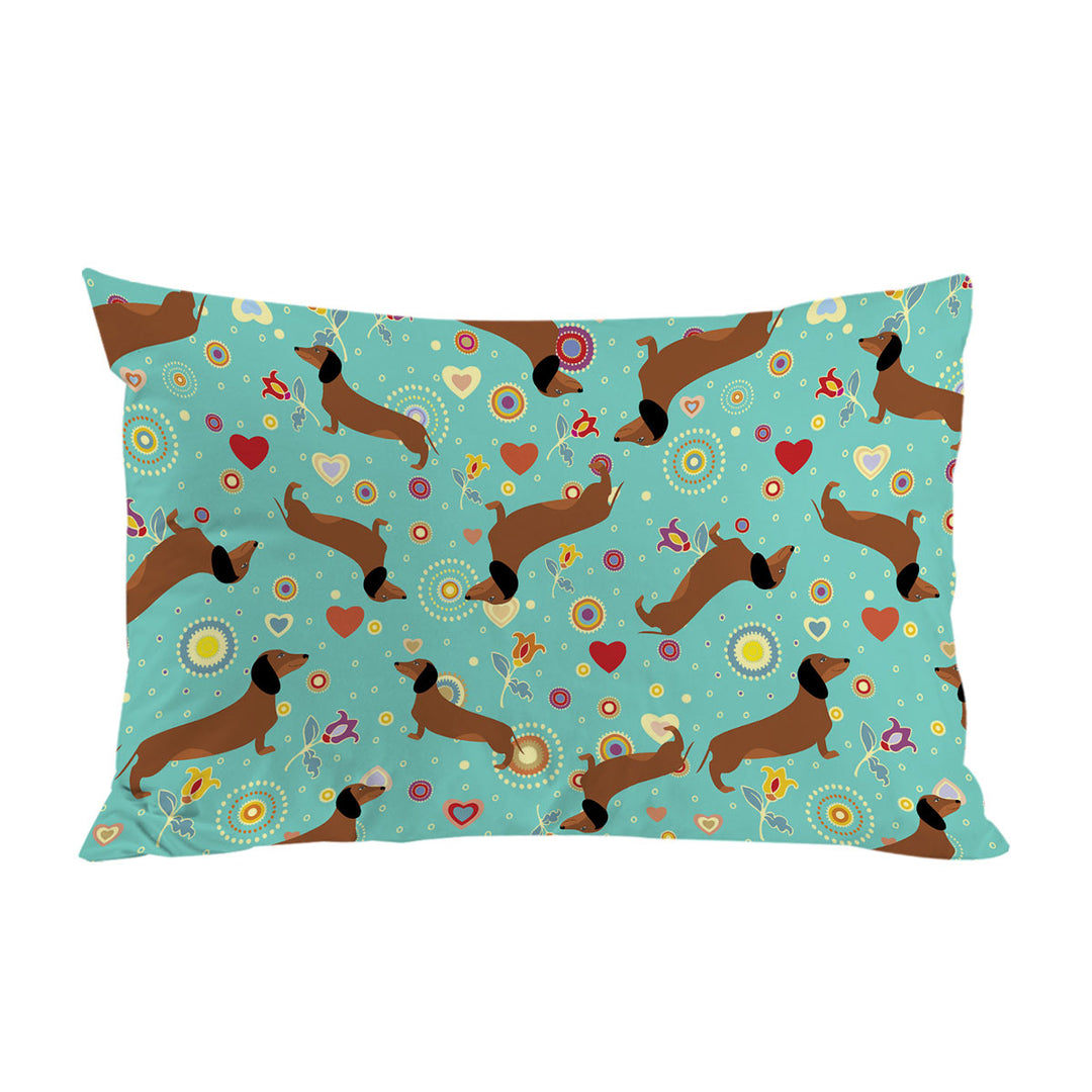 Pattern of Heart Flower and Dachshund Pillowcase