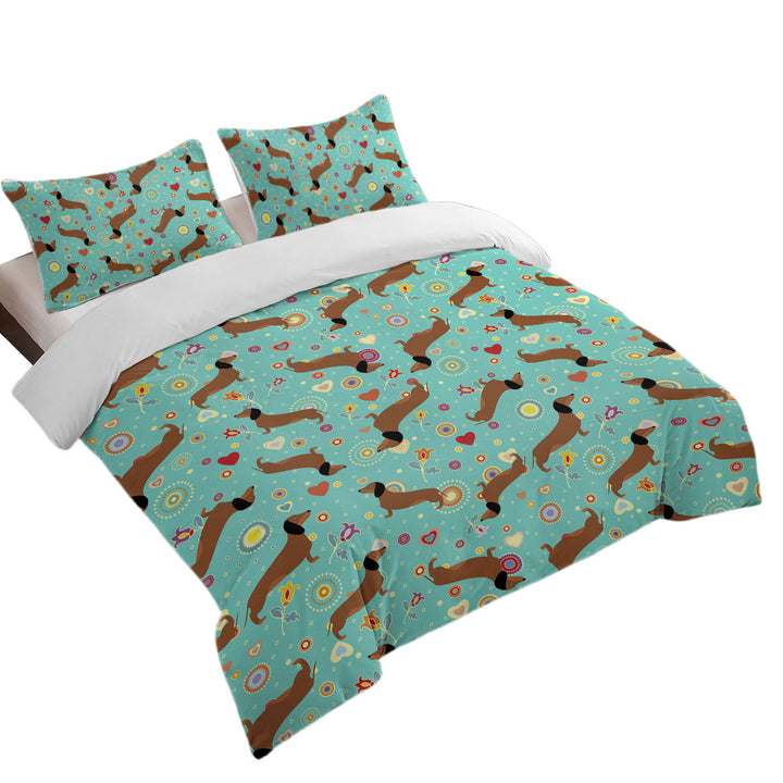 Pattern of Heart Flower and Dachshund Quilt Cover Sets