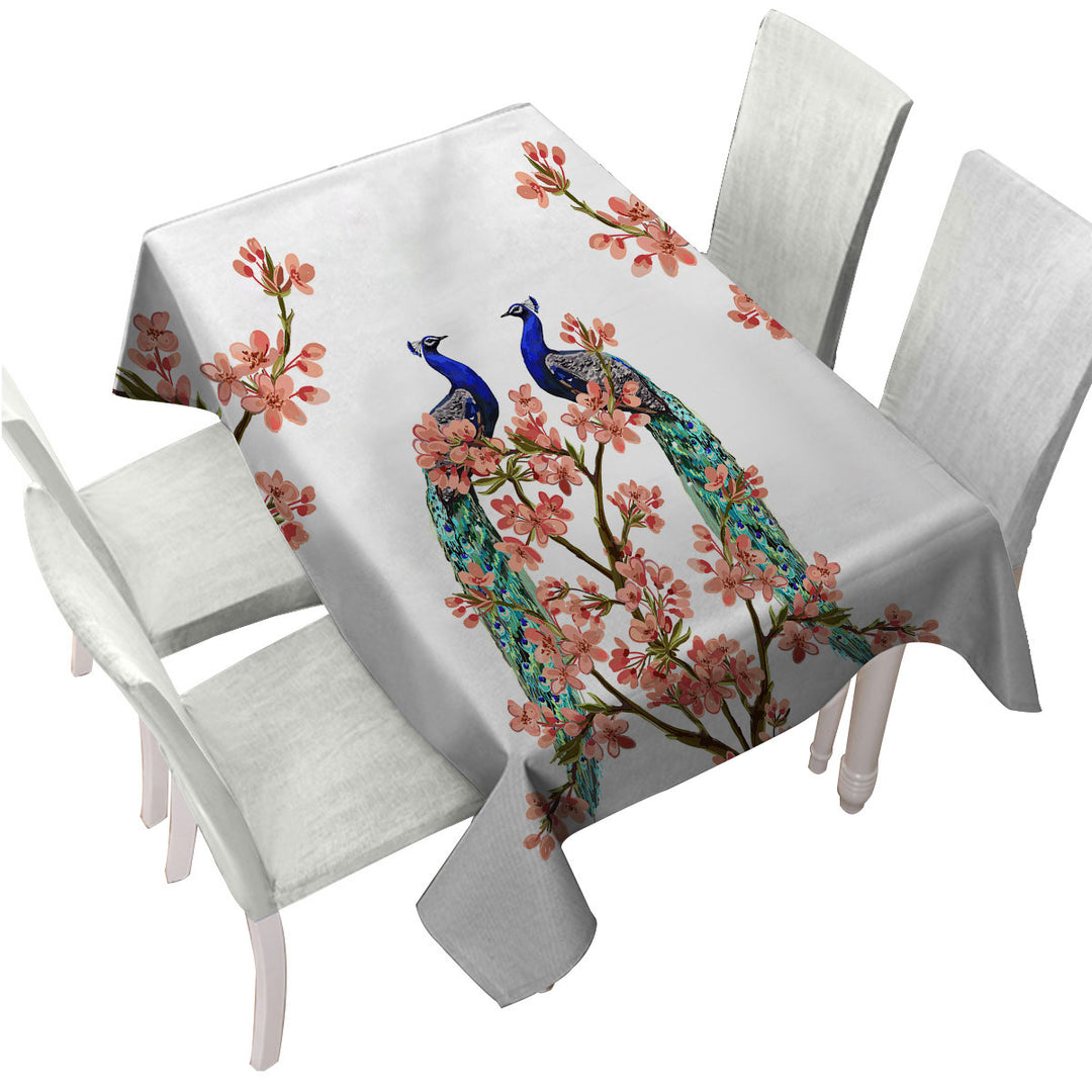 Peacocks and Pink Flowers Tablecloth
