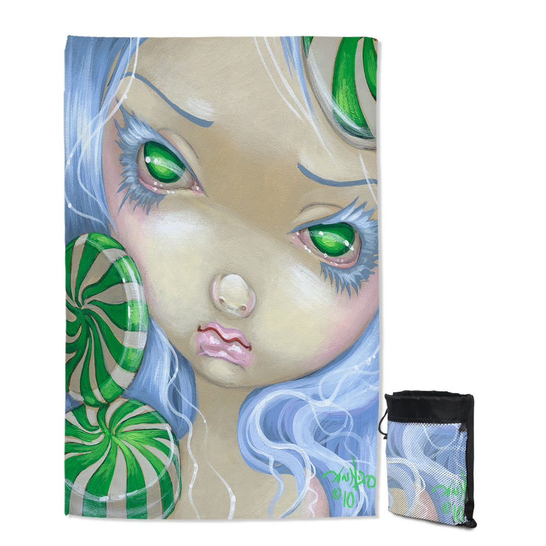 Peppermint Candy Quick Dry Beach Towel Faces of Faery _85 Green Girl with Peppermint