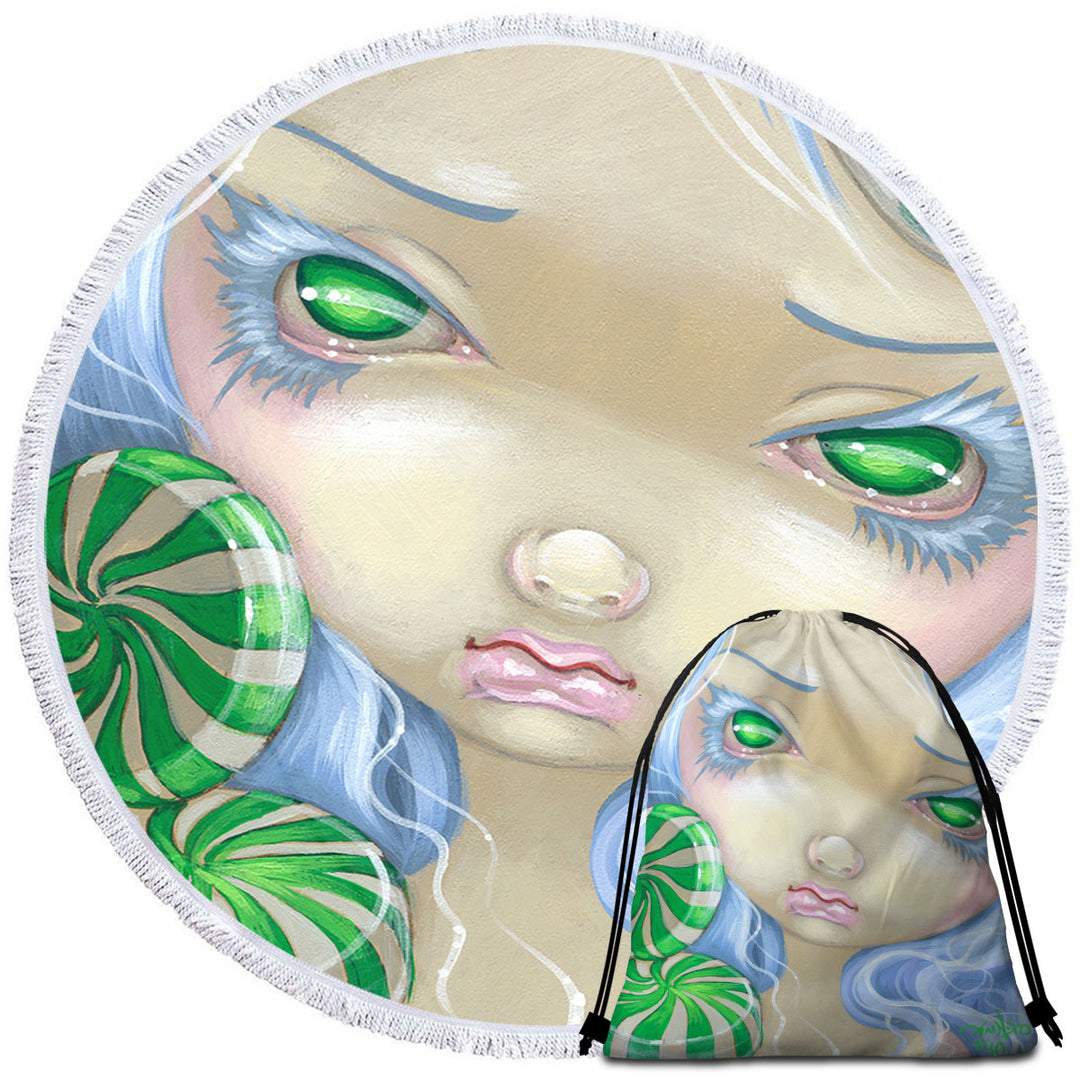 Peppermint Candy Round Beach Towel Faces of Faery _85 Green Girl with Peppermint Candy