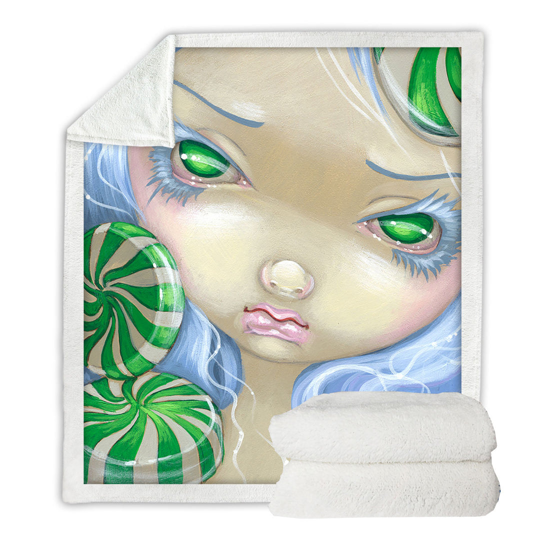 Peppermint Candy Throw Blanket Faces of Faery _85 Green Girl with Peppermint Candy