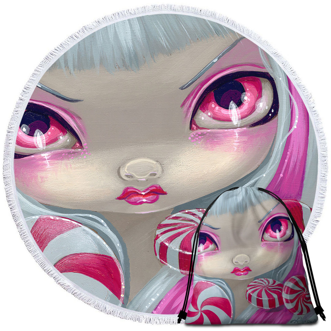 Peppermint Circle Beach Towel Faces of Faery _44 Pink Girl with Peppermint Candy