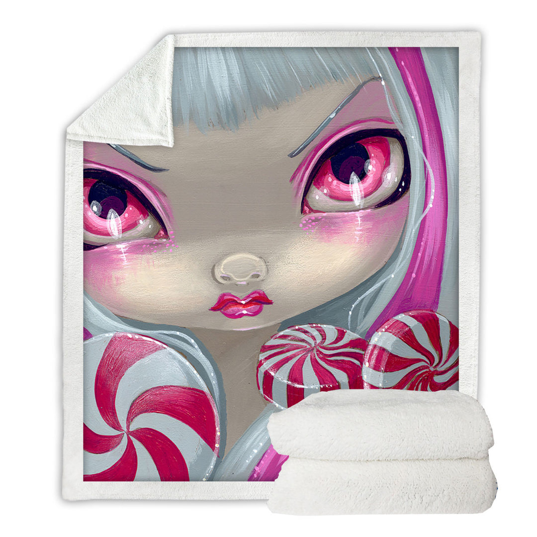 Peppermint Sherpa Blanket Faces of Faery _44 Pink Girl with Peppermint Candy