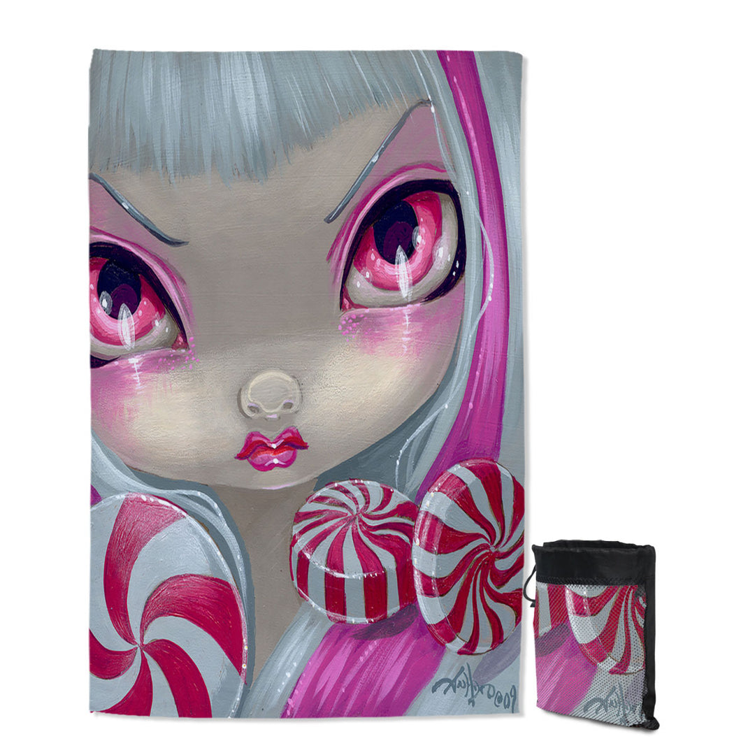Peppermint Travel Beach Towel Faces of Faery _44 Pink Girl with Peppermint Candy