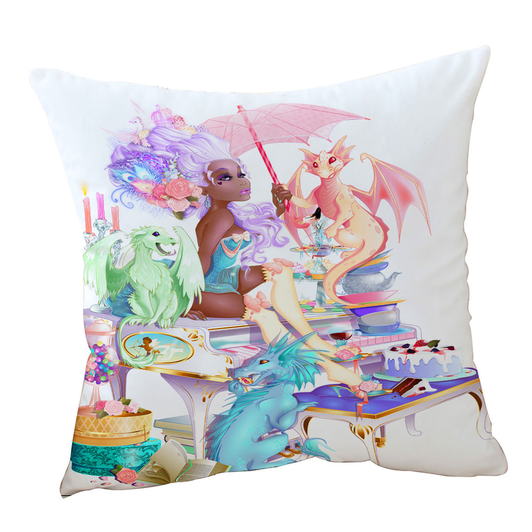 Piano Cute Dragons and Beautiful Black Girl Pillow Cover