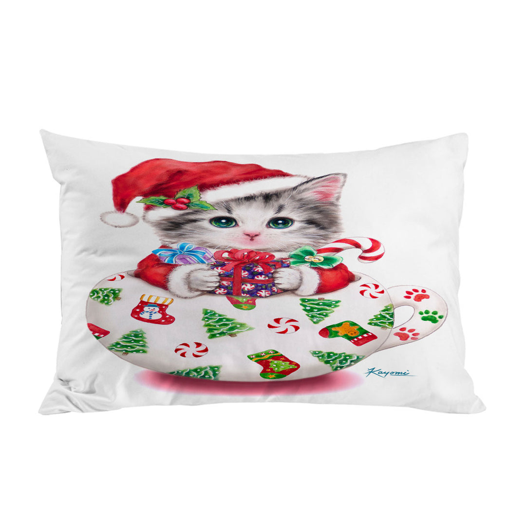 Pillow Case Covers with Cat Art Drawings the Cute Cup Kitty Christmas