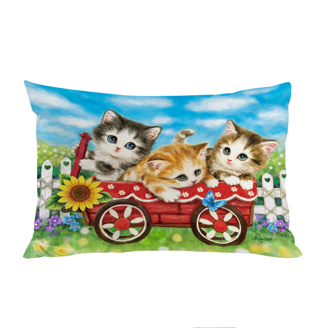 Pillow Case Covers with Cute Cat Drawings for Kids Kitten in Wagon