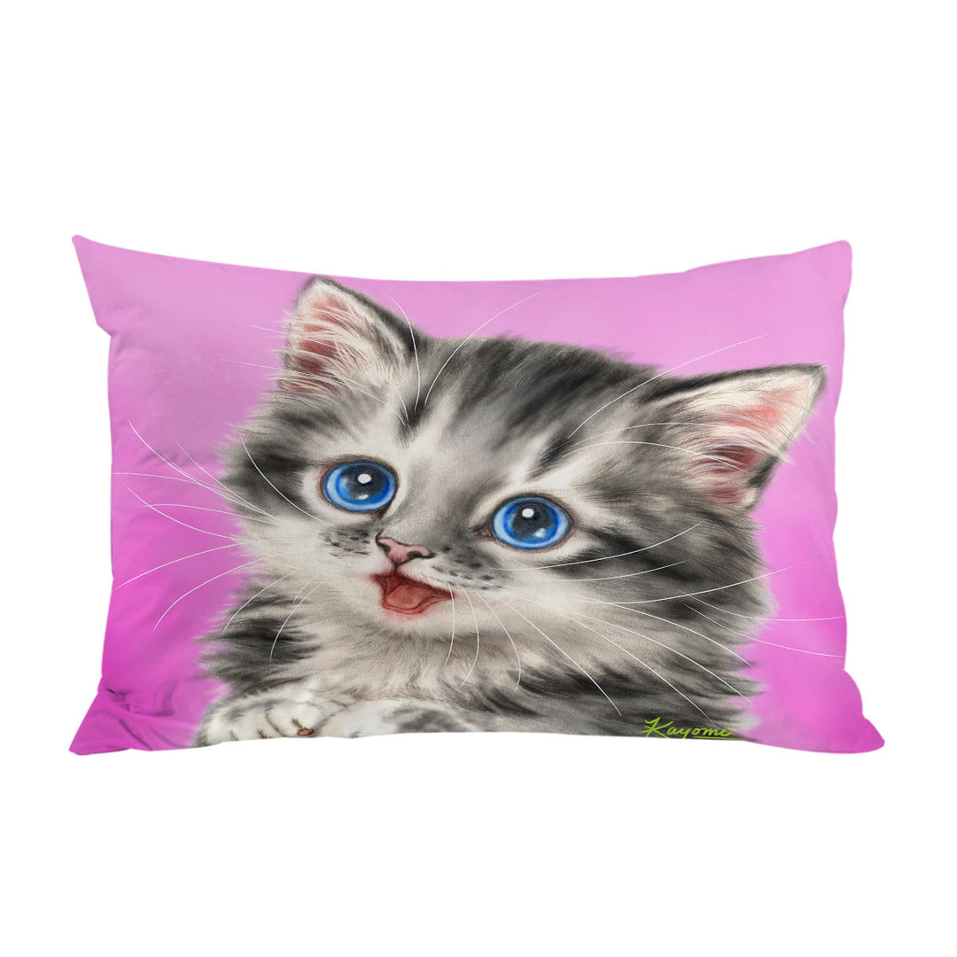 Pillow Cases with Adorable Painted Cats Baby Blue Eyes Grey Kitty