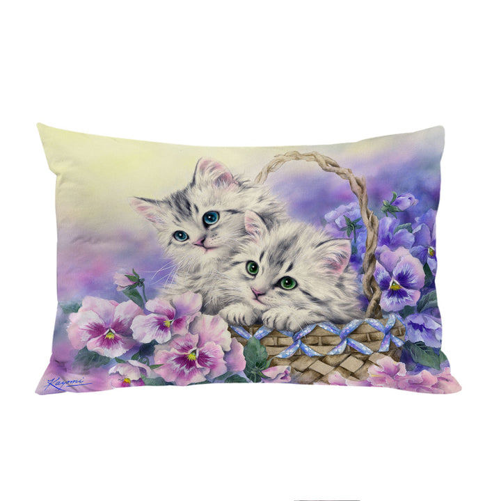Pillow Cases with Purple Violet Flowers Sweet Spring Basket Kittens