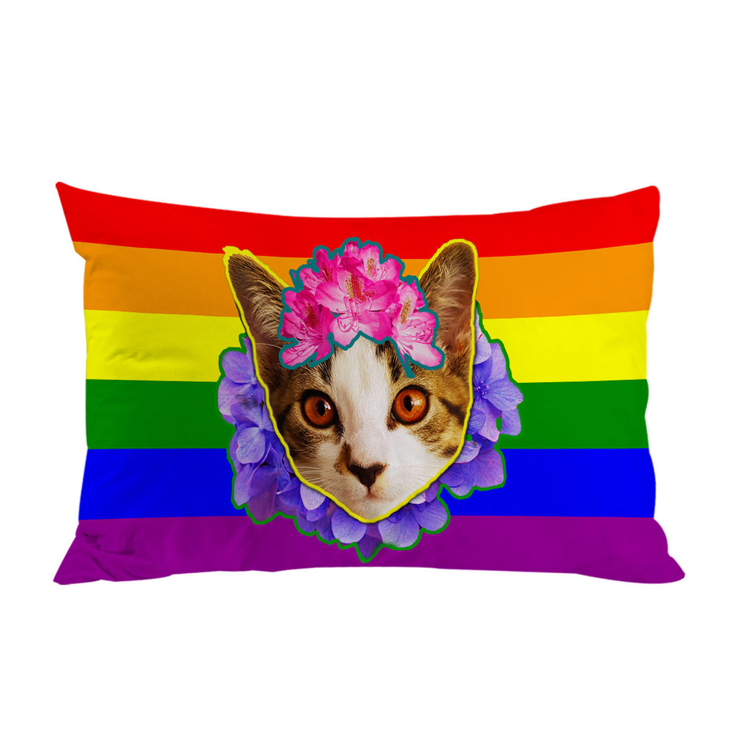 Pillow Cases with Rainbow Flag Adorable Flowery Kitten