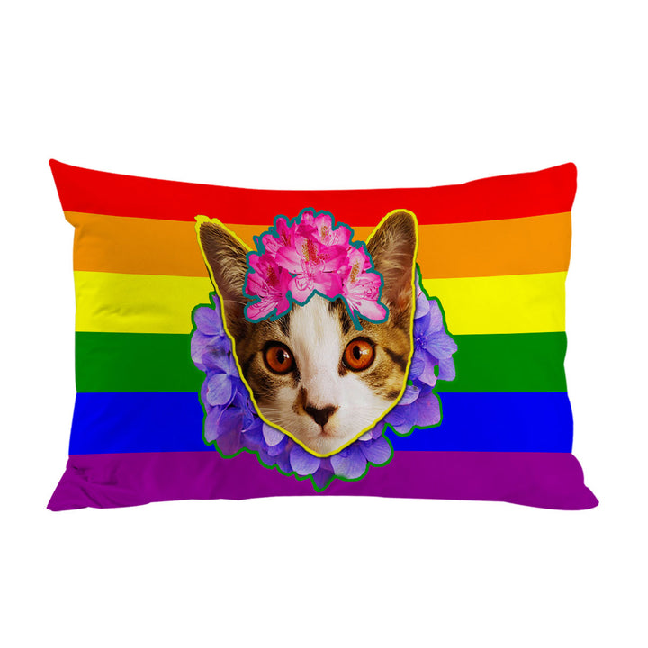 Pillow Cases with Rainbow Flag Adorable Flowery Kitten