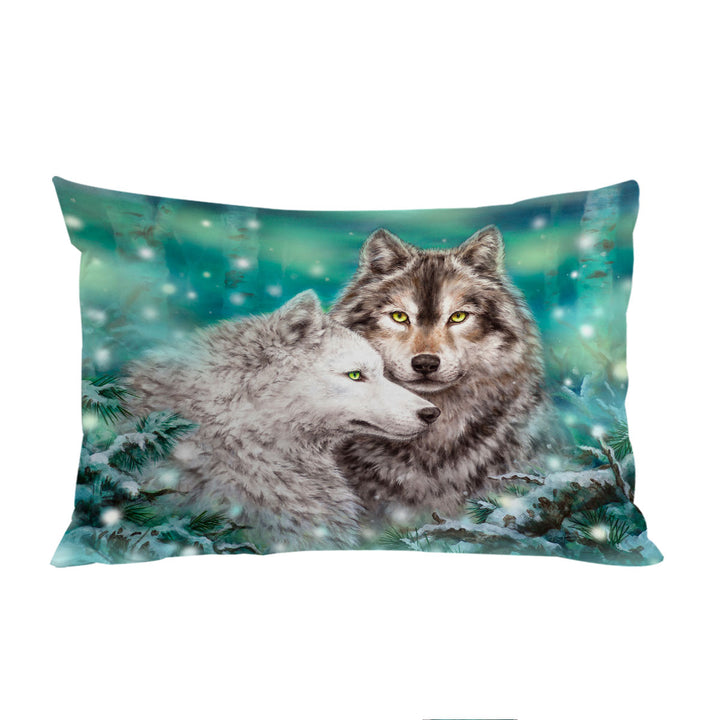 Pillow Cases with Snowy Forest Wolves Couple Duet
