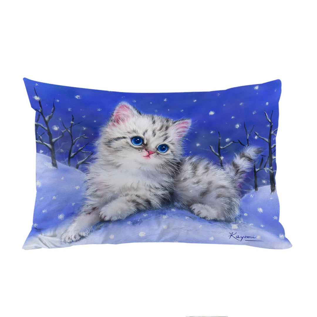 Pillowcase with Baby Blue Eyes Grey Kitten on Snow Hill