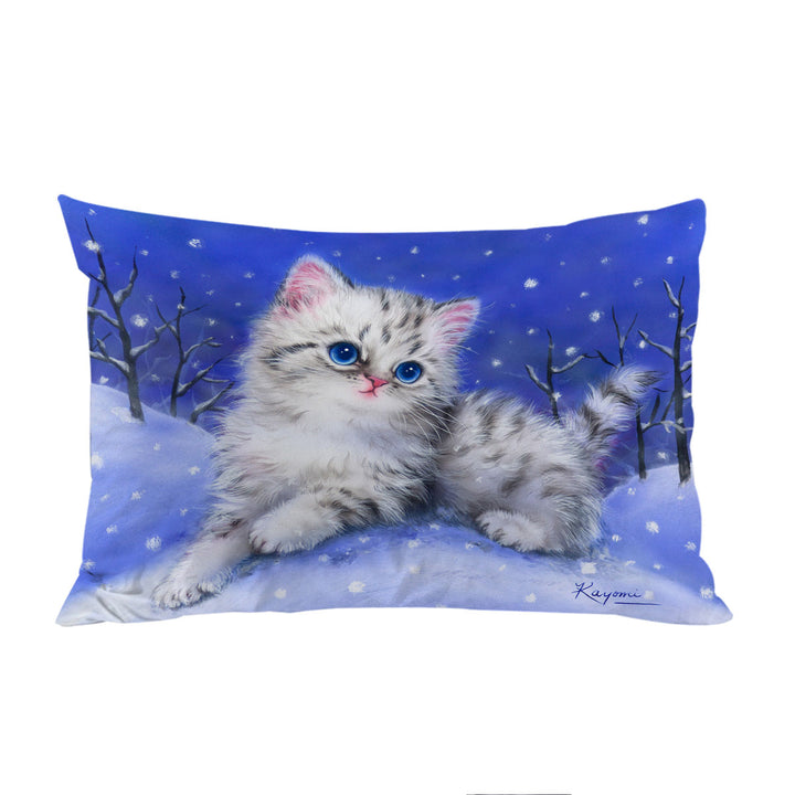 Pillowcase with Baby Blue Eyes Grey Kitten on Snow Hill
