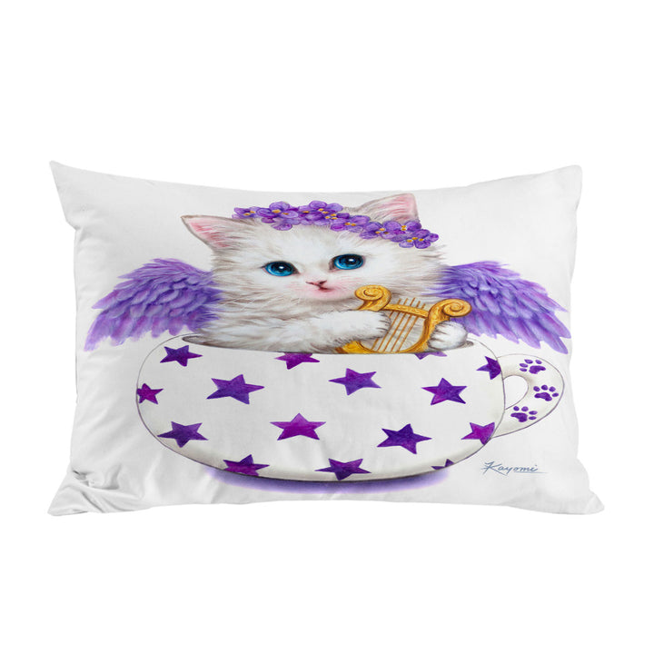 Pillowcase with Cat Art Drawings the Cup Kitty Harp Angel