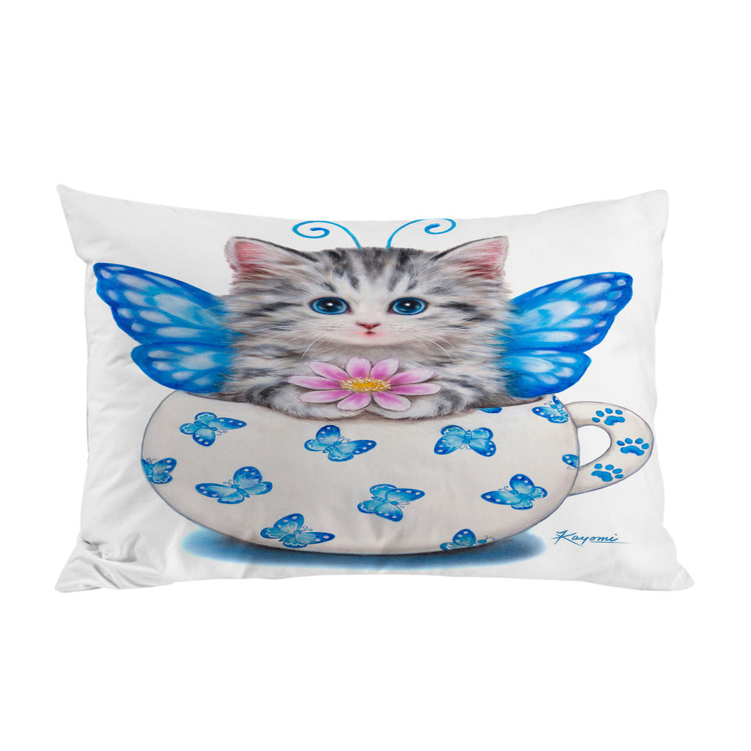 Pillowcase with Cat Art Drawings the Cute Cup Kitty Butterfly