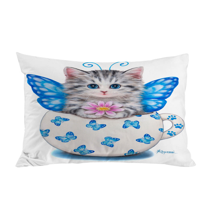 Pillowcase with Cat Art Drawings the Cute Cup Kitty Butterfly