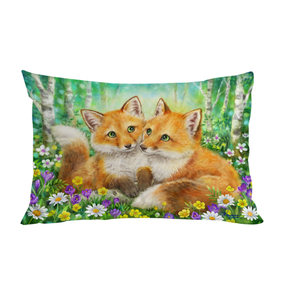 Pillowcase with Cute Animal Painting Fox Brothers and Flowers