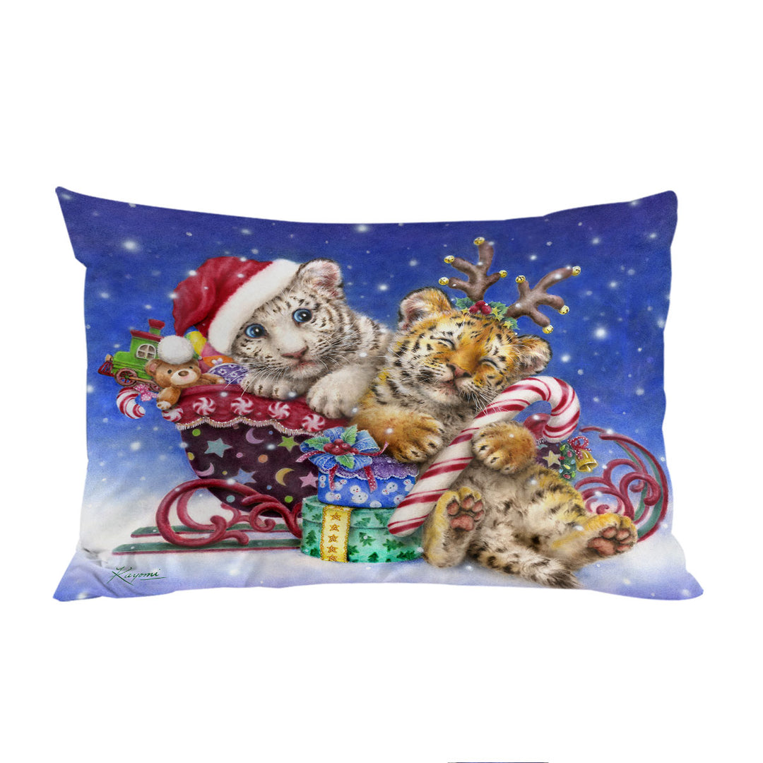 Pillowcase with Cute Christmas Baby Tigers with Presents Sleigh