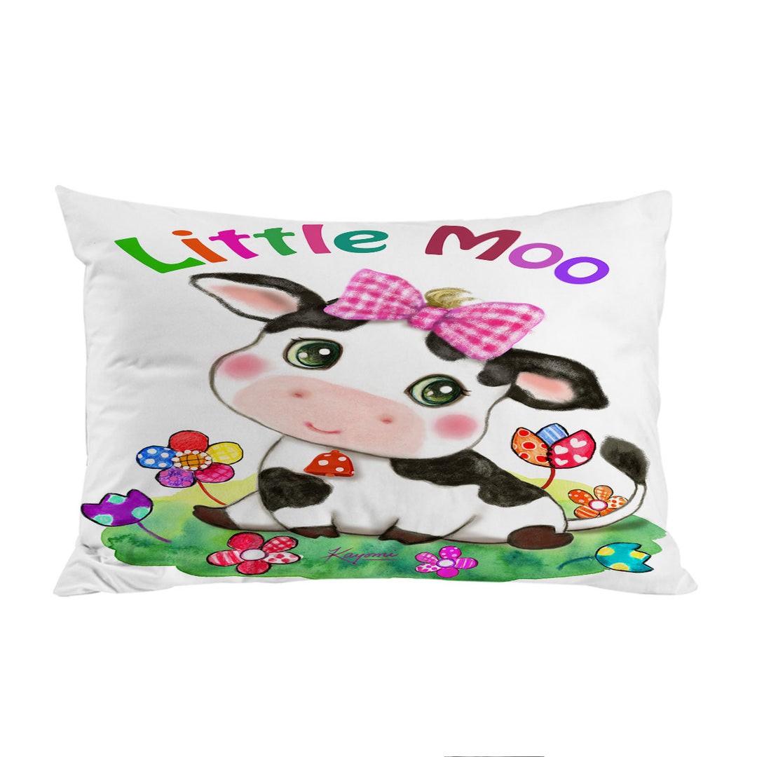 Pillowcase with Cute Drawings for Kids Little Moo Cow and Flowers