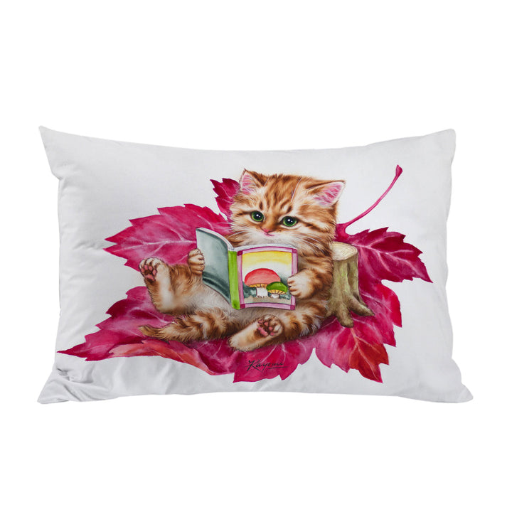 Pillowcase with Funny Cat Ginger Kitten Reading a Book on Leaf