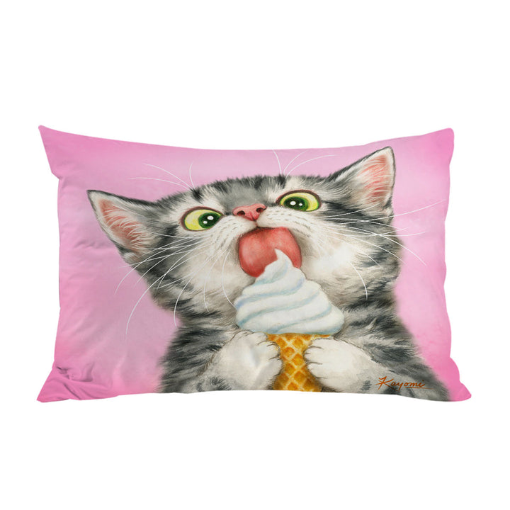 Pillowcase with Funny Cute Cats Art Licking Ice Cream Kitten