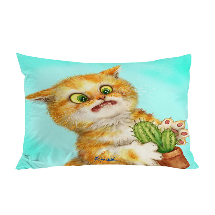 Pillowcase with Funny Ginger Cat Playing with a Cactus