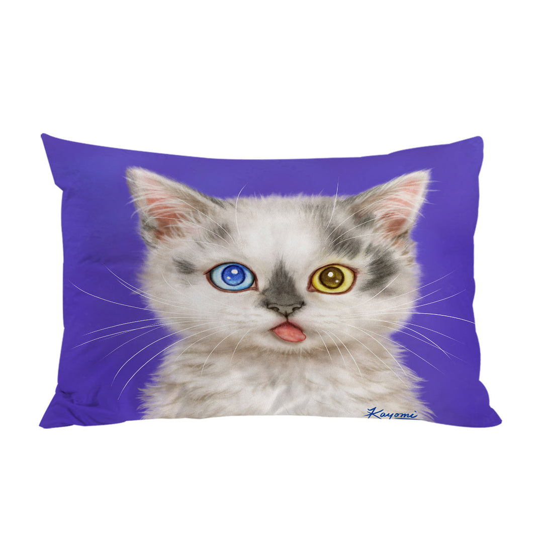 Pillowcase with Heterochromia Eyes White Grey Kitty Cat