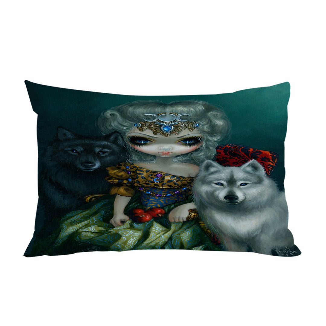 Pillowcase with Loup Garou Beautiful Priestess Maiden and Wolves