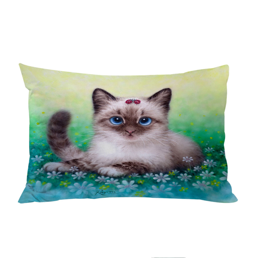 Pillowcase with Stunning Cat Painting Ladybugs and Kitten