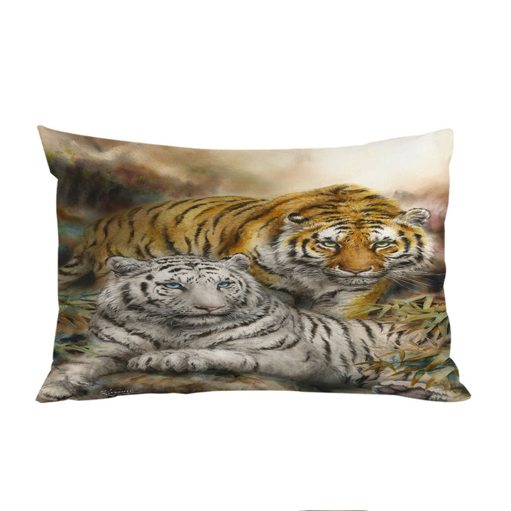 Pillowcase with Wildlife Art Drawing White and Orange Tigers