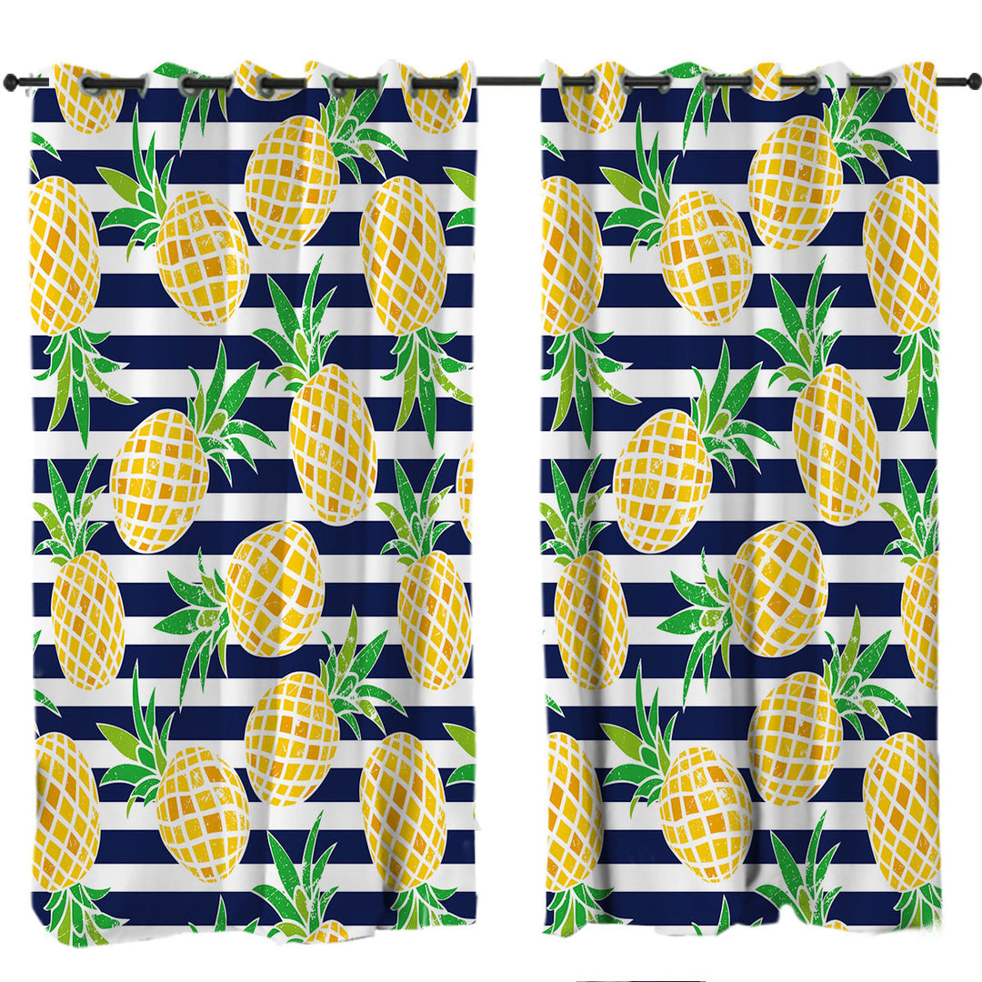 Pineapples over Blue Stipes Curtains