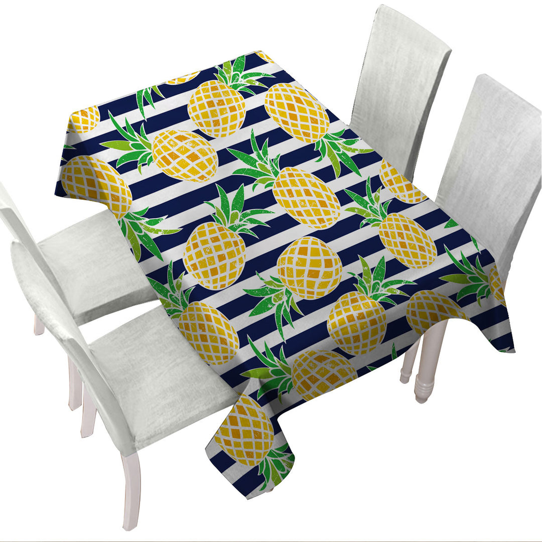 Pineapples over Blue Stipes Tablecloth