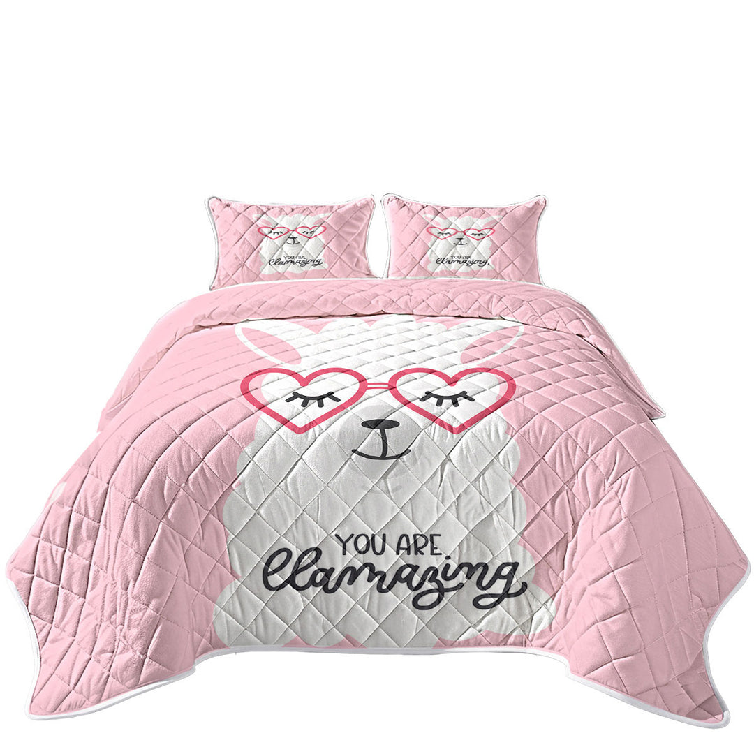 Pink Background Cool Heart Glasses Llama California King Quilt Sets