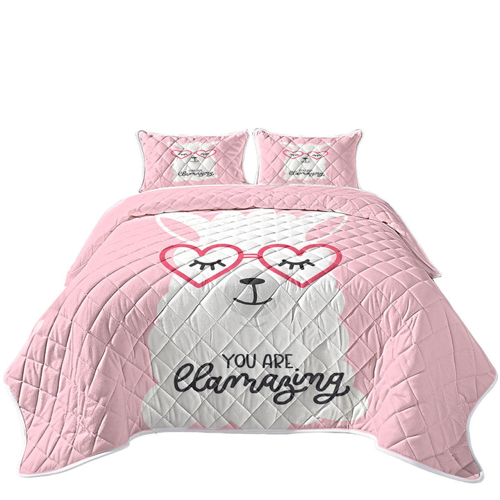 Pink Background Cool Heart Glasses Llama California King Quilt Sets